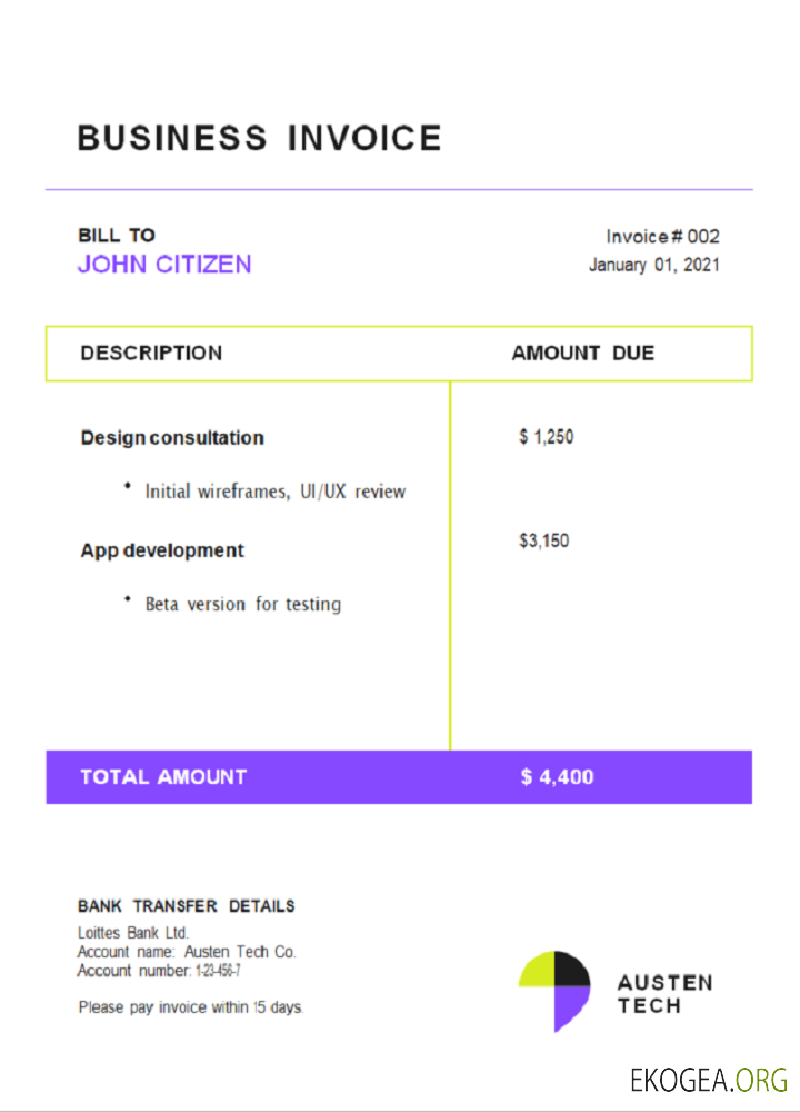 Facture de la société Austen Tech des États , Unis